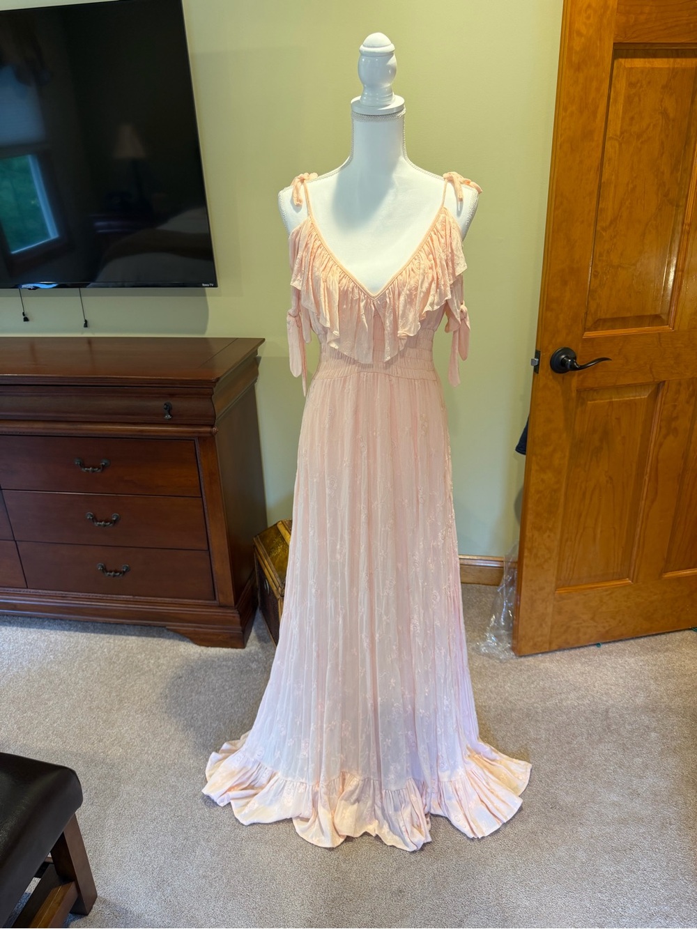 Misa Los Angeles Blush Peach Ruffle Maxi Dress with Tie Shoulders
